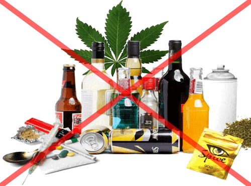 Flessen drank, bier, pillen, een injectiespuit en wiet, doorgehaald met een groot rood kruis: varen onder invloed van alcohol of drugs mag niet.