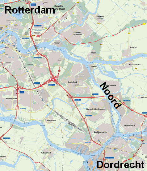 Topografische kaart van het gebied tussen Rotterdam en Dordrecht, met de rivier de Noord die van Alblasserdam naar Zwijndrecht loopt, langs Ridderkerk en Hendrik-Ido-Ambacht.
