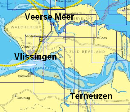 Zeekaart van Zeeland met het Veerse Meer, Walcheren, Vlissingen, de Westerschelde en Terneuzen.
