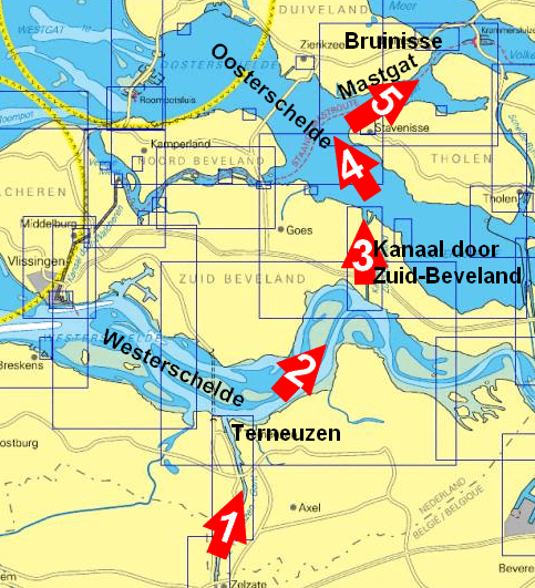 Zeekaart van Zeeland met een vaarroute in vijf genummerde stappen: vanaf Terneuzen via de Westerschelde, het Kanaal door Zuid-Beveland en de Oosterschelde naar het Mastgat bij Bruinisse.