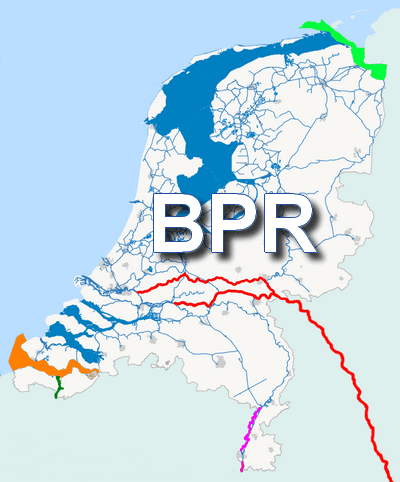 Kaart van Nederland waarop het werkingsgebied van het BPR blauw is gemarkeerd: vrijwel alle binnenwateren, inclusief het IJsselmeer, het Markermeer, de Oosterschelde en de Waddenzee.
