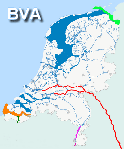 Kaart van Nederland waarop het BVA geldt op de Noordzee, buiten de kust.