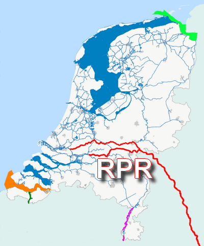 Kaart van Nederland met de RPR-wateren rood gemarkeerd: de Boven-Rijn, de Waal, het Pannerdensch Kanaal, de Neder-Rijn en de Lek.