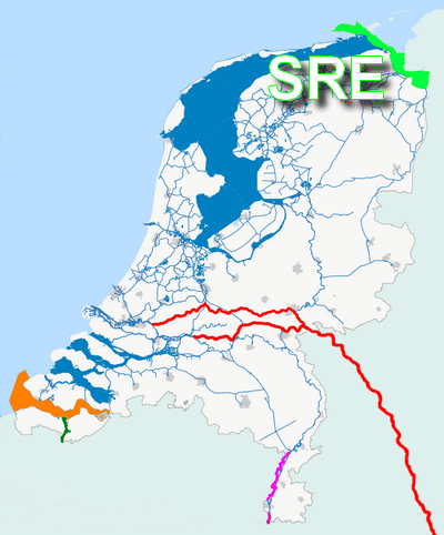 Kaart van Nederland met het SRE-gebied groen gemarkeerd in het noordoosten: de Eems en de Dollard.