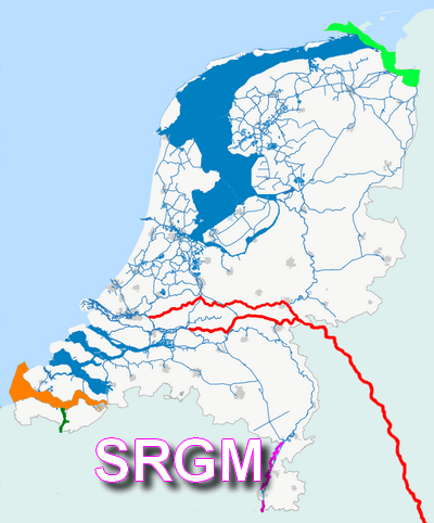 Kaart van Nederland met het SRGM-gebied magenta gemarkeerd: de gekanaliseerde Maas in Limburg en Noord-Brabant.