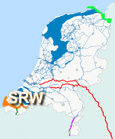 Kaart van Nederland met het SRW-gebied oranje gemarkeerd in het zuidwesten: de Westerschelde en de zeegaten daarvoor.